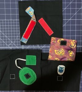 Various examples of velcro in use on fidget quilts